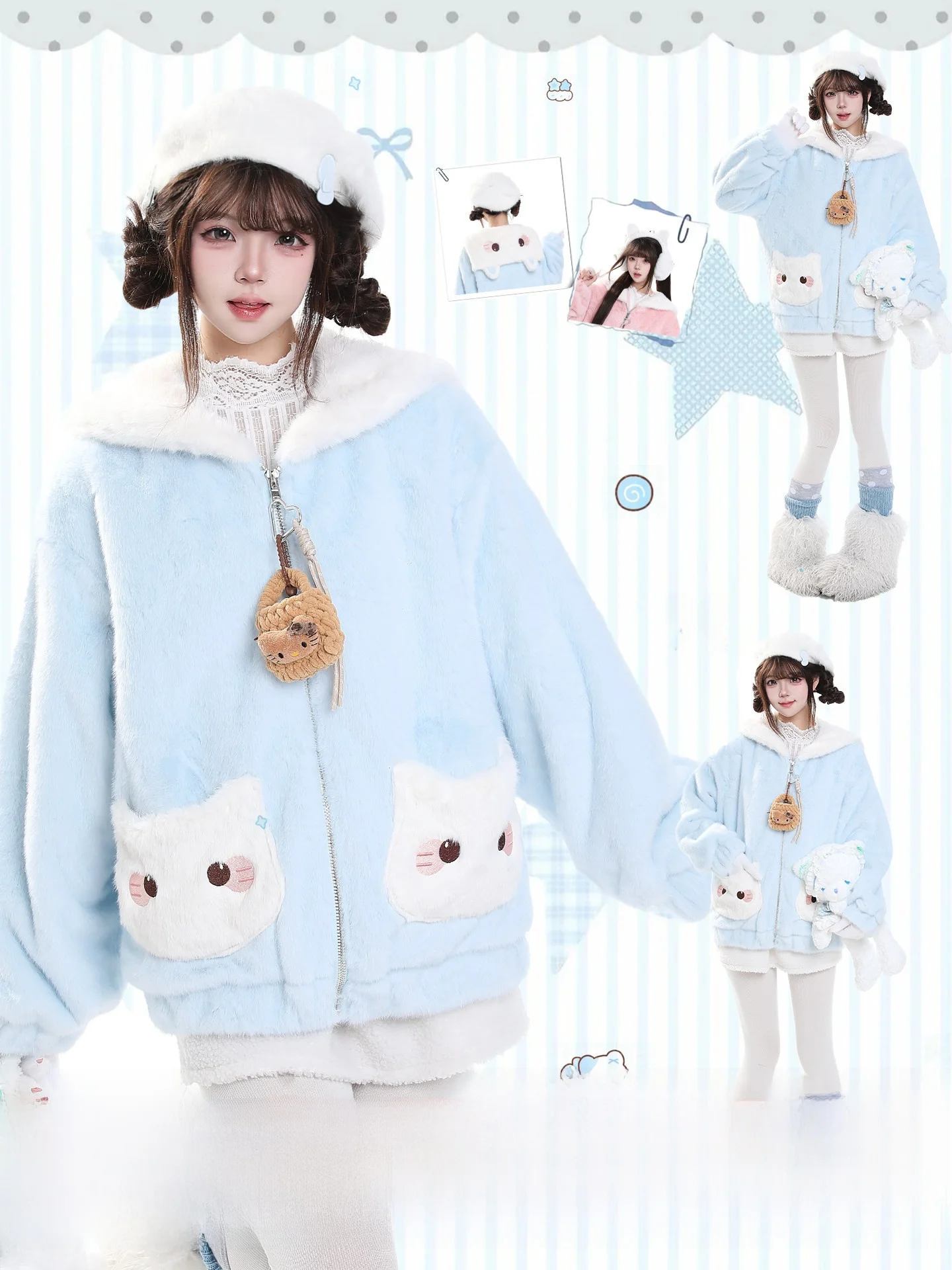Cute  Pattern Thickened Cotton Jacket Women's Loose Casual Warm Plush Zipper Coat Long Sleeve Short Length Stand Collar