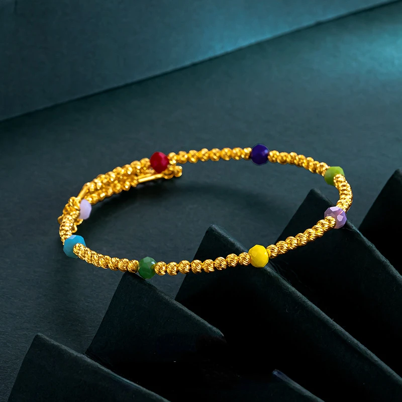 Genuine Gold Color Lucky Bead Bangle with Colorful Bead for Women Fine Jewelry Bracelet Bangle Fine Jewelry Gifts