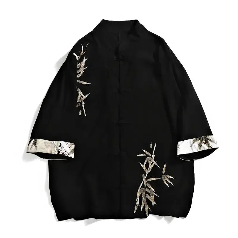 4 Colors Casual Gradient Bamboo Leaf Embroidered Half Sleeve Tang Suit Blouse Men Traditional Chinese Martial Arts Clothing