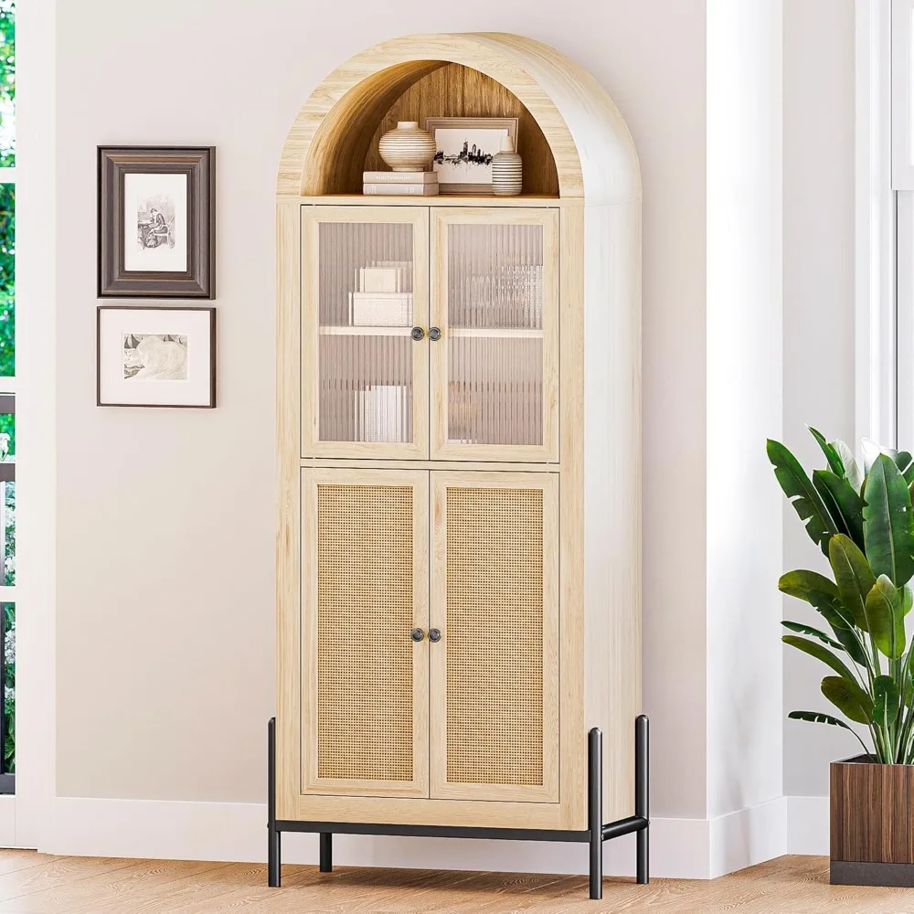 65 Inch Storage Cabinet, Freestanding Arched Bookshelf for Living Room, Curio Cabinet with Reeded Glass Door, Storage Cabine