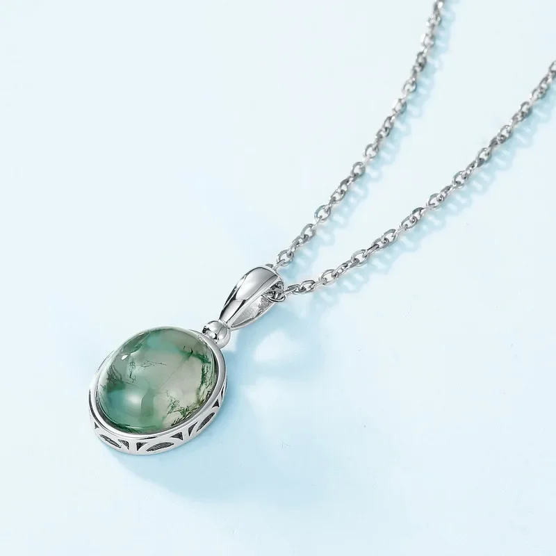 Necklace Set with Glossy Natural Agate Pendant 18K Gold PT950 Platinum Green Moss Stone Clavicle Chain