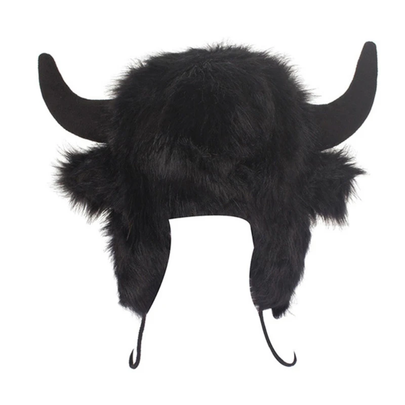 

Big Black Bull Cute Elk Horn Hairy Lei Feng Hat for Men and Women, Winter Warmth, Ear Protection, Windproof and Cold Proof