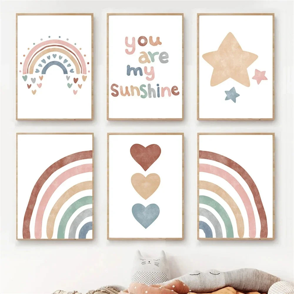 

Boho Heart Rainbow Posters You Are My Sunshine Canvas Painting Nursery Wall Art Print Nordic Poster Picture Kids Room Decoration