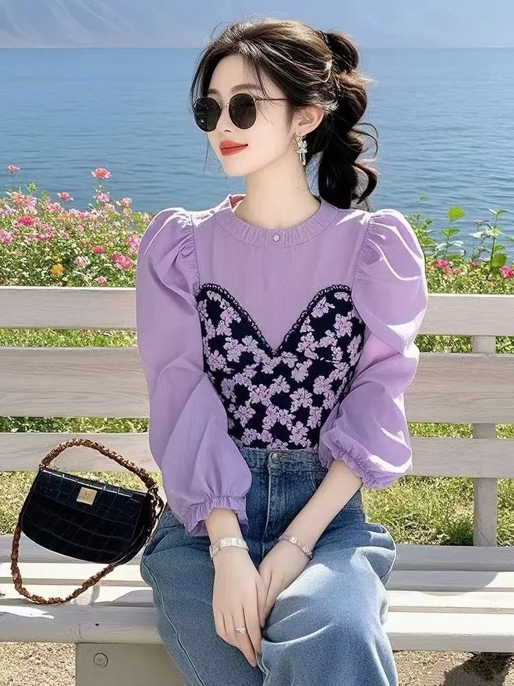 

Patchwork Elegant Women'S Blouseskorean Fashion Female Clothing Loose Spring Vintage Fake 2 Piece Purple Long Sleeve Women Tops