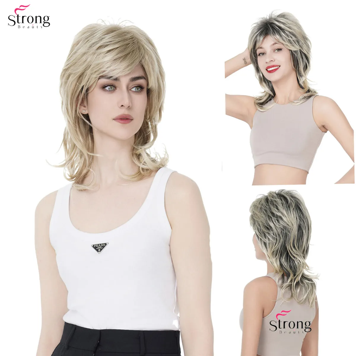 

StrongBeauty Synthetic Wigs for Women Natural Hair Ombre Blonde/Brown Highlights Medium Curly Layered Capless Wigs Cosplay