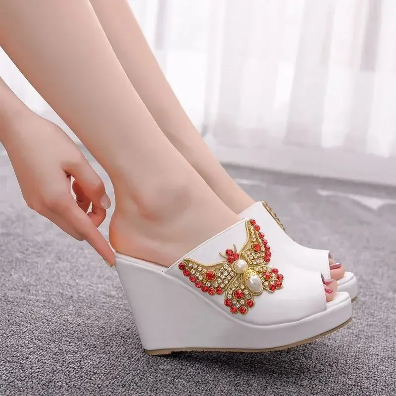 women sandals wedding Party banquet PU Rhinestones Slip On 10CM Wedges High Heels Peep Toe sandal women shoes 2020 size 35-42