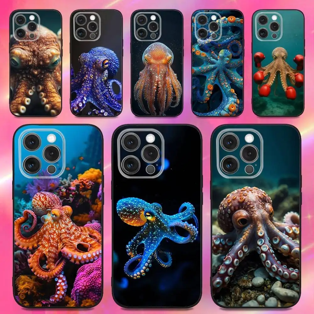 

Ocean Octopus Phone Case For iPhone 16,15,14,13,12,11,Pro,Max,Plus,X,XS,XR,SE,8,7,Mini,Soft Silicone Black Case