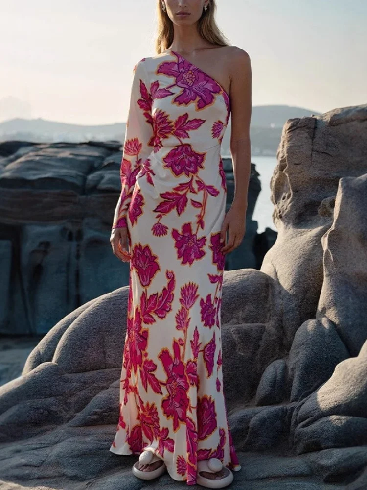 DYKR 2025 サマードレス卸売ファッションローズプリントサテンドレス女性の斜め肩とエレガントなロングスカート Vestidos