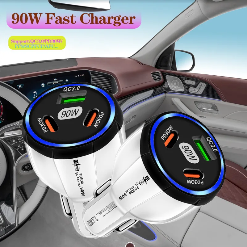 90W 3 Port Car Charger Super Fast Charger QC3.0 PD30W PPS High-Power Cigarette Lighter Fast Charger for iPhone/Huawei/Samsung