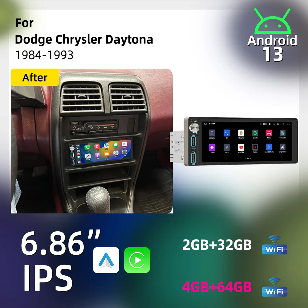 Radio Android para Auto Dodge Chrysler Daytona 1984-1993, Unidad Principal 1 DIN, Autoradio, Multimedia para Auto, Pantalla de 6.86 Pulgadas, Estéreo, GPS, Carplay