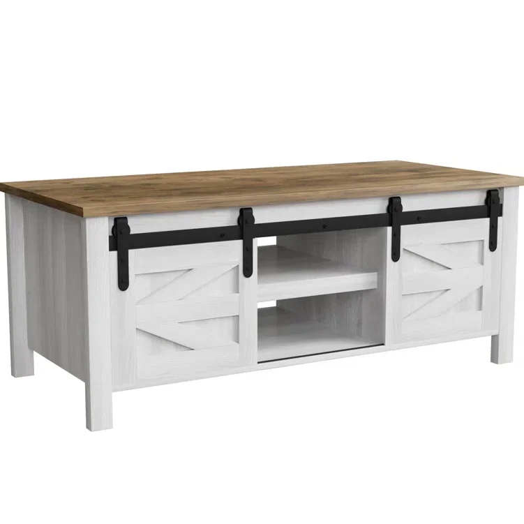 

Fashionable Industrial and Farmhouse Style Coffee Table with 2 Sliding Doors Living Room Compartments Barn Door Center Table