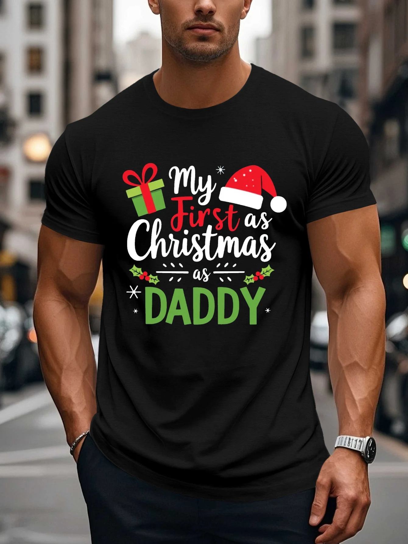 

Мужская хлопковая рождественская футболка, геометрический узор Санта-Клауса, круглый вырез SS, слегка стрейч, летняя трикотажная одежда стандартного кроя