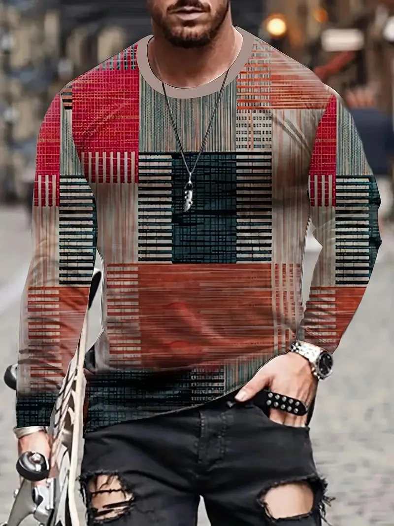 6XL Plus Size Men's Clothing Plaid Graphic T-Shirts Spring Autumn Long Sleeve 3D Printed Casual Vintage Male Tops Tee Oversized