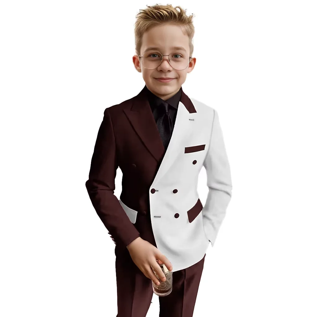 Fashionable Boys\' Suit Double-Breasted Slim Fit Peak Lapel Blazer Two Piece Set Business Tuxedos Piano Performance Costumes