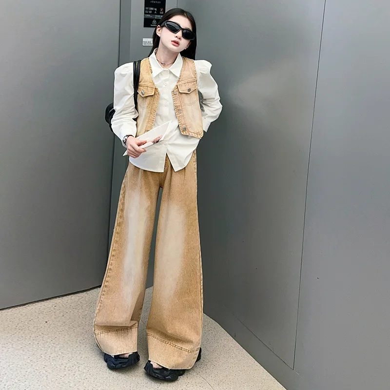 

Teenage Girls American Vintage clothes set Wasteland style gradient denim vest+shirt+Wide leg pants 2pcs junior kid suit outfits