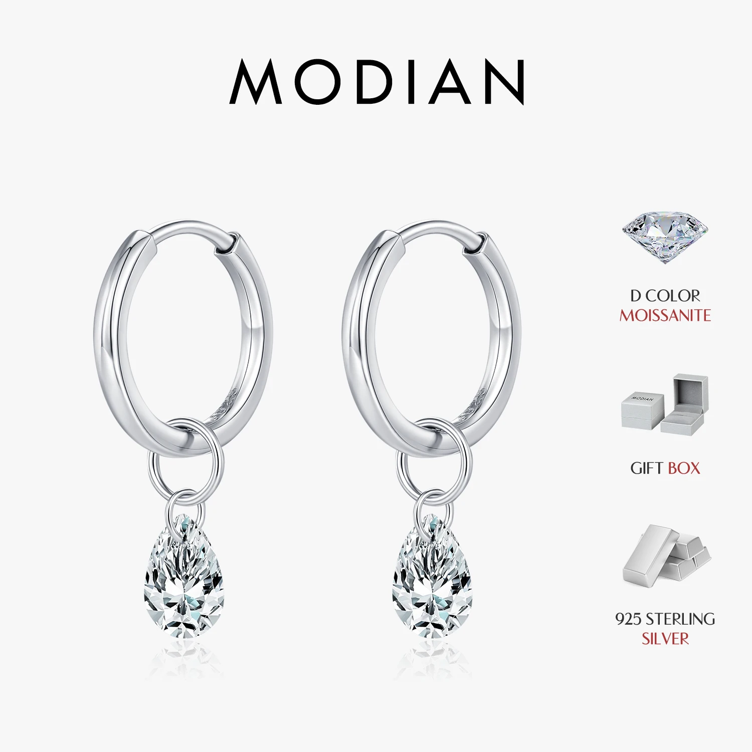 MODIAN Pear Cut Moissanite Dangle Huggie Hoop Earrings 925 Sterling Silver D Color 0.8Ct Teardrop Drop Earrings Women Jewelry