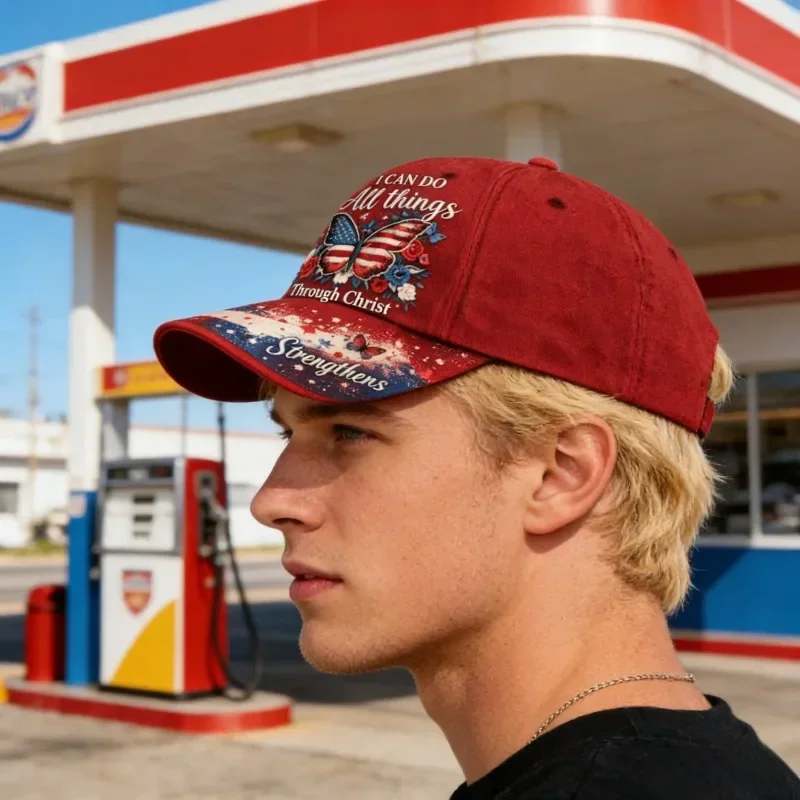 Custom Baseball Cap Featuring Christian Scripture, Embellished With The Phrase 'Through Christ' And A Butterfly Flower Brim - Ad