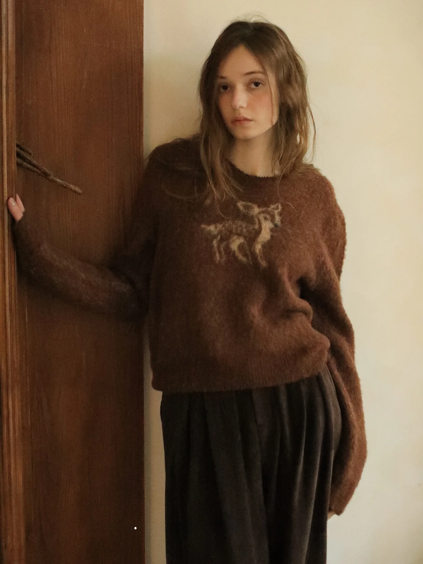 

Raynag Women's round Ne Sweater Winter New Faion Commute Warm Top Deer Llama Wool Fem Sle Thi Long Sve Coat