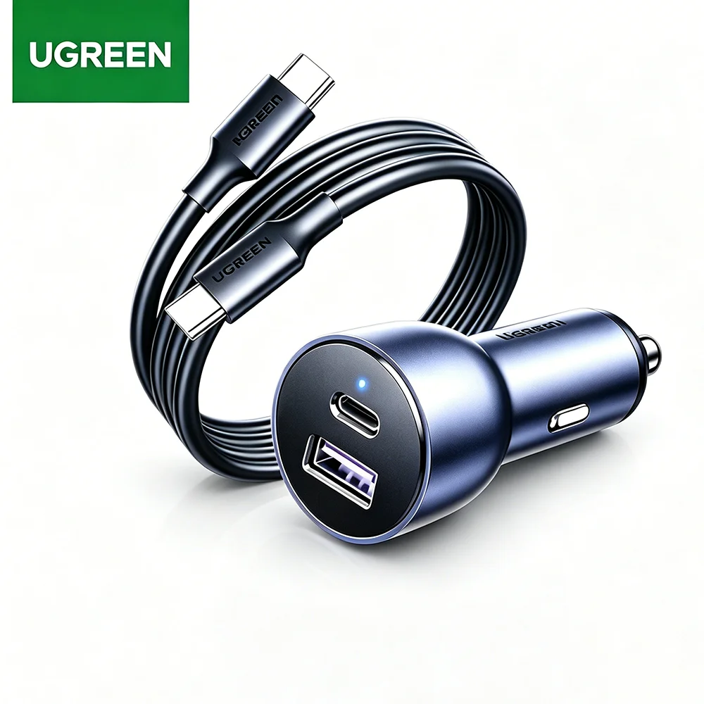 60W UGREEN Car Charger Kit Dual Port Fast Charging Cigarette Lighter Plug with 1M PD Type C Cable for Mobile Phone Travel Use