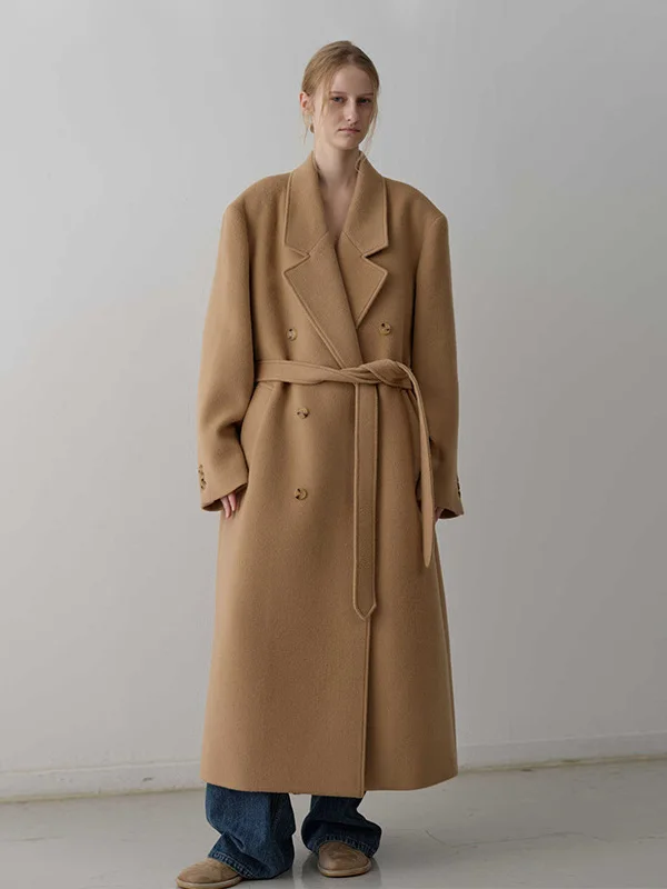 

Длинное шерстяное пальто для женщин, двубортное, с поясом, в корейском стиле, осенне-зимнее, новинка, утепленная верхняя одежда