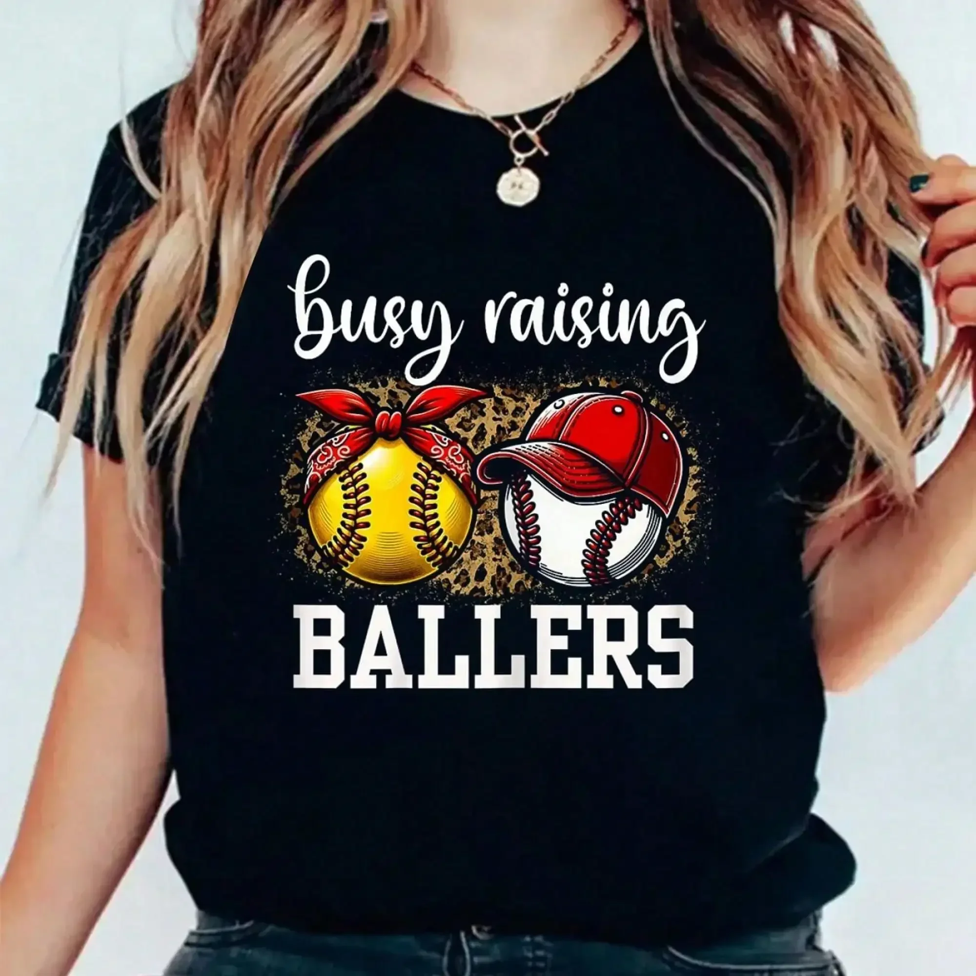 Busy Raising Ballers Softball & Baseball Mom T-Shirt - Leopard Print Graphic Tee With Red & Golden Accents, Round Neck Short Sleeve Casual Top For Women, Machine Washable, Sports Fan Gear, Round Neck Top, Baseball Apparel