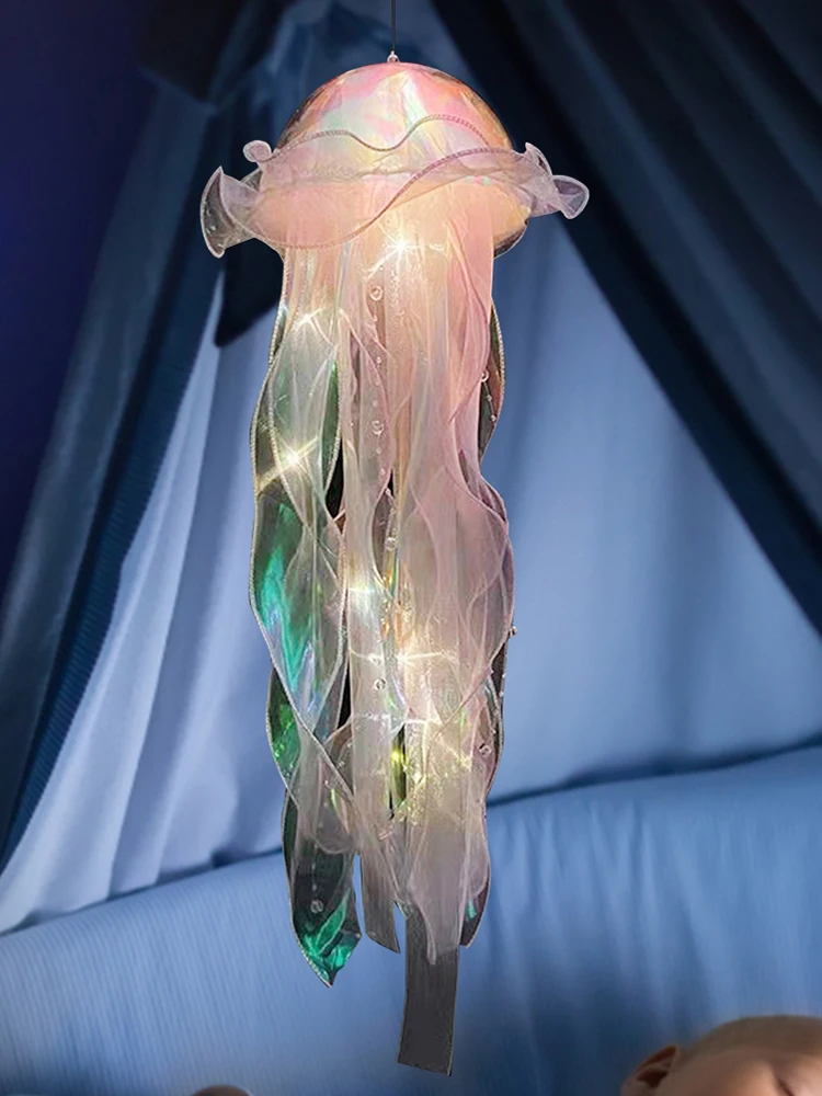 DIY Quallen Schlafzimmer Licht Lampe Knopfbatterie hängende Deckenlaterne realistisch mit Band und Perle für Kinderzimmer bunt