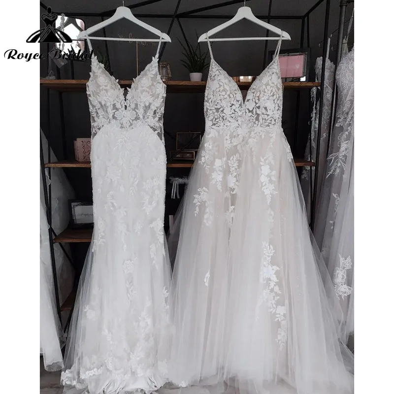 우아한 Boho V 목 웨딩 드레스 흐르는 라인 스파게티 스트랩 꽃 Appliqued Tulle Backless Bridal Gowns vestidos de novia