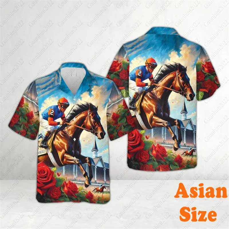 Fashion Horse Race All Over Print Shirts Men's Clothing Street Graffiti Design Harajuku Trend Short Sleeve Asian Size Blouse
