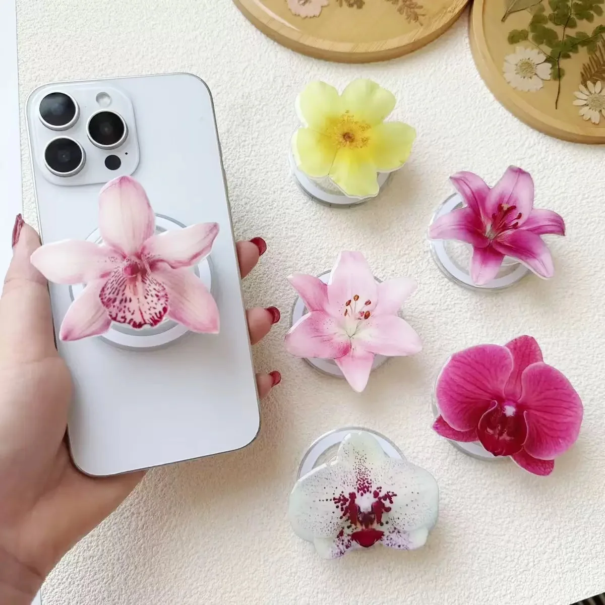 

New Cute Orchid Flower Magnetic Suction Phone Holder GIRL Samsung Support Socket Pocket Grip Tok Stand Bracket for IPhone
