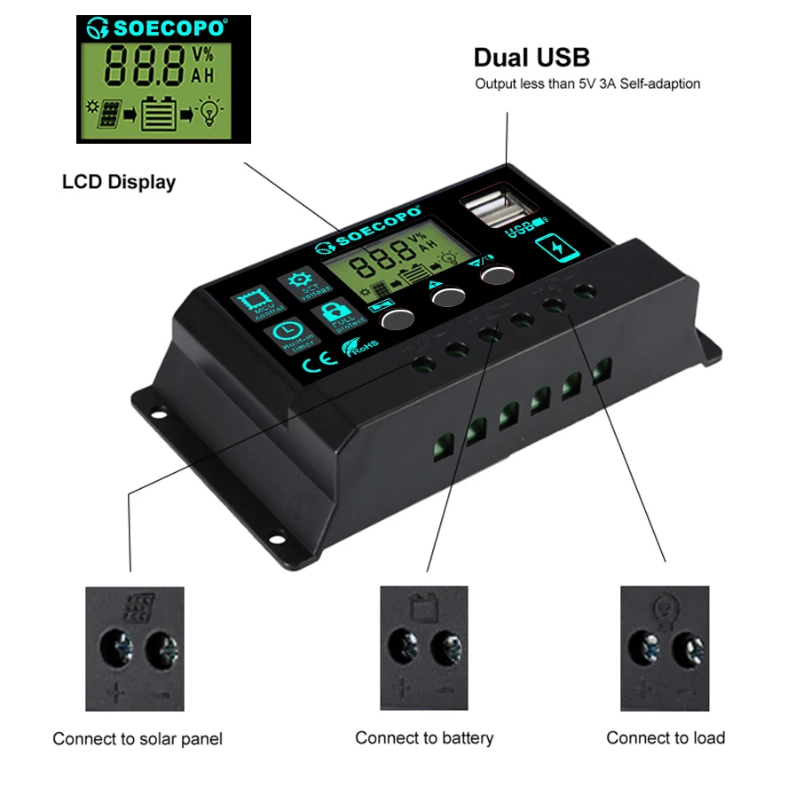 12V/24V 100A Solar Charge Controller AutoSwitch LCD Display with Overcharge/Short Circuit Protection for RV Boat Off-Grid System