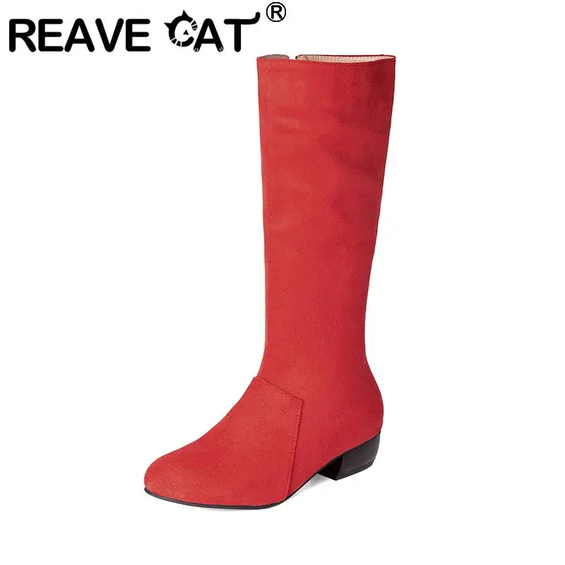 

REAVE CAT Red Flock Suede Women Mid Calf Boots Round Toe 3cm Thick Heels Zipper Plus Size 45 46 47 Leisure Daily Knight Botas