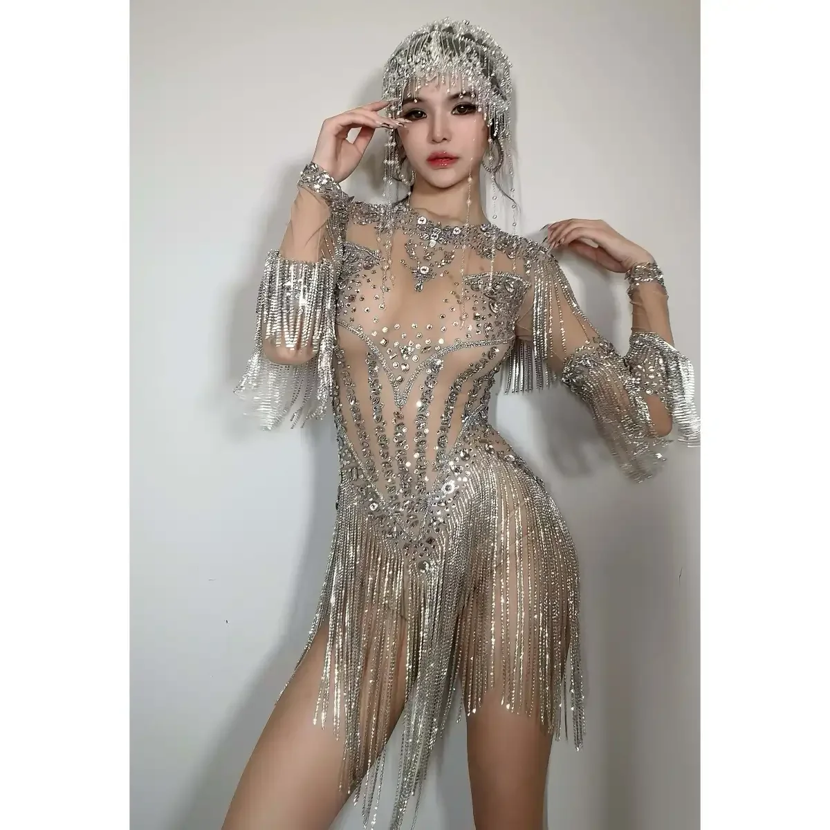 Nachtclub DJ Bar Zangeres Stadiumkostuum Sexy Volledige Diamanten Kwastje Diamanten Ketting Rok Dans Team Festival Party Thema Show