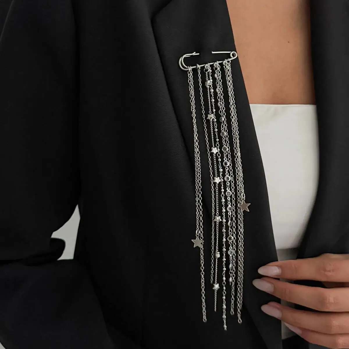 KunJoe Trendy Simple Bead Chain Tassel Brooches Women Vintage Silver Color Pentagram Chain Pants Pin Clothing Decorate Accessory