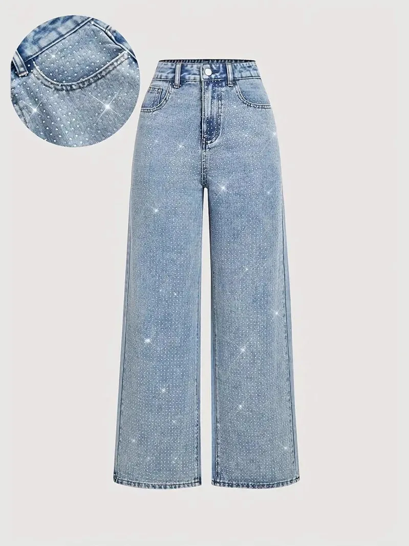 Calça Jeans Feminina Casual de Cintura Alta com Perna Reta em Denim Lavado e Elástico, Estilo Elegante com Detalhes em Strass