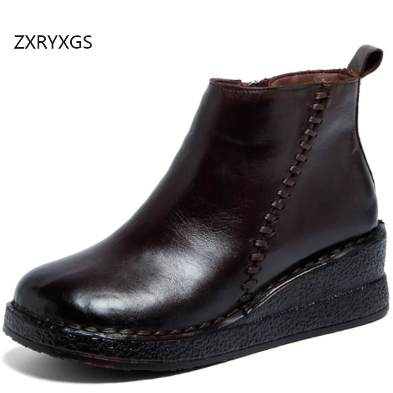 

ZXRYXGS 2025 Classic Retro Top Layer Cowhide Plush Warm Snow Boots Wedges Mid Heel Shoe Winter Cotton Boots Women Trendy Boots