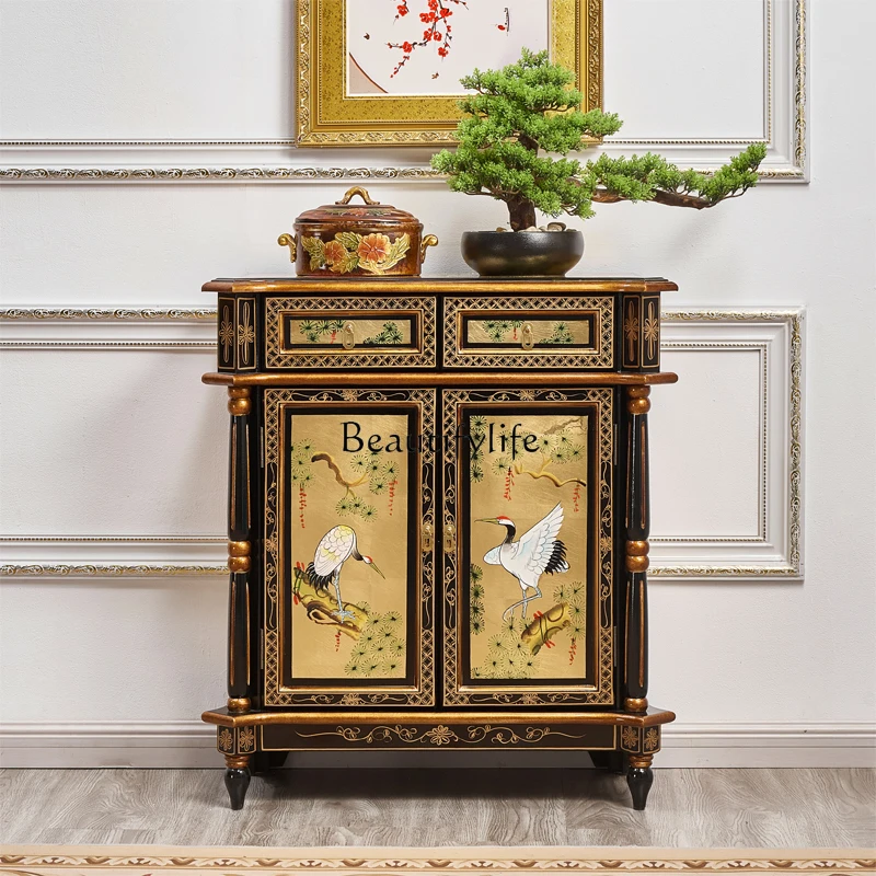 

06Solid Wood Entrance Cabinet Gold Foil Pine Crane Yannian Ming-Qing Period Painted Furniture Two Buckets Curio Cabinet