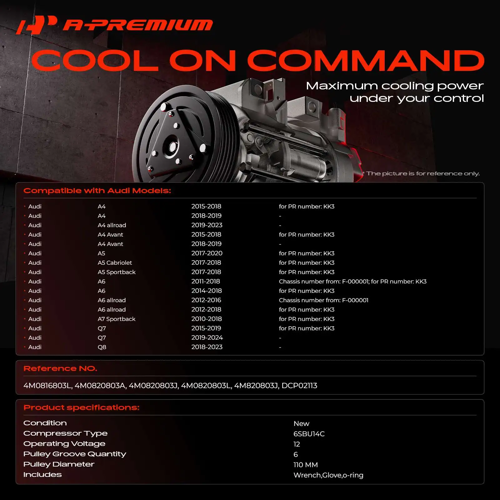 A-Premium AC Compressor with Clutch & 6-Groove for Audi A4 A5 A6 Allroad A7 Sportback Q7 Q8