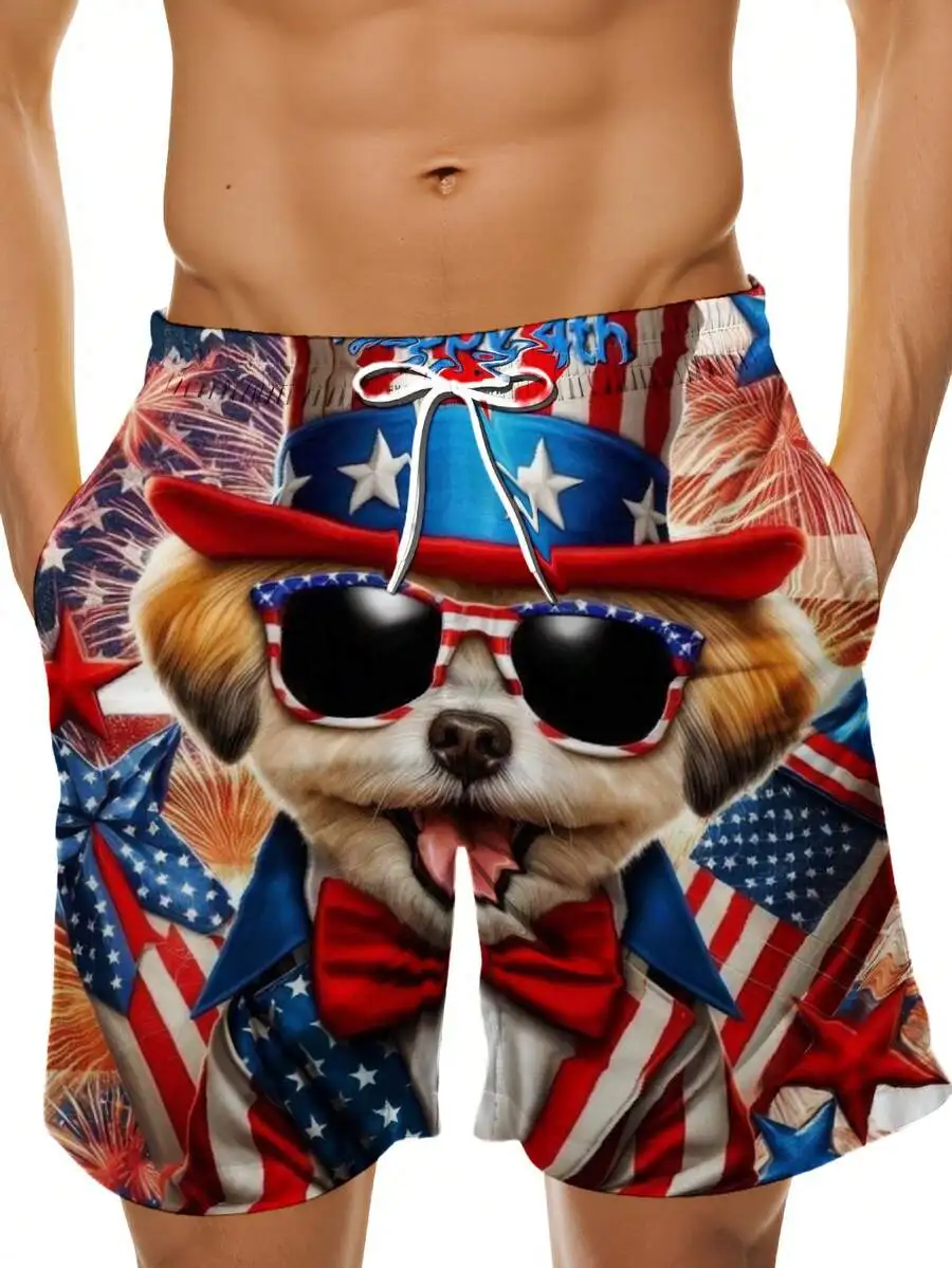 

Patriotic Dog American Flag Print Swim Trunks Men Beach Shorts Fourth Of July Costume