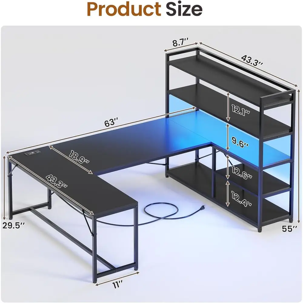 L Shaped Gaming Desk, 63'' Reversible Computer Desk with Power Outlet and Storage Shelves, Corner Gaming Desk with LED Lights, B