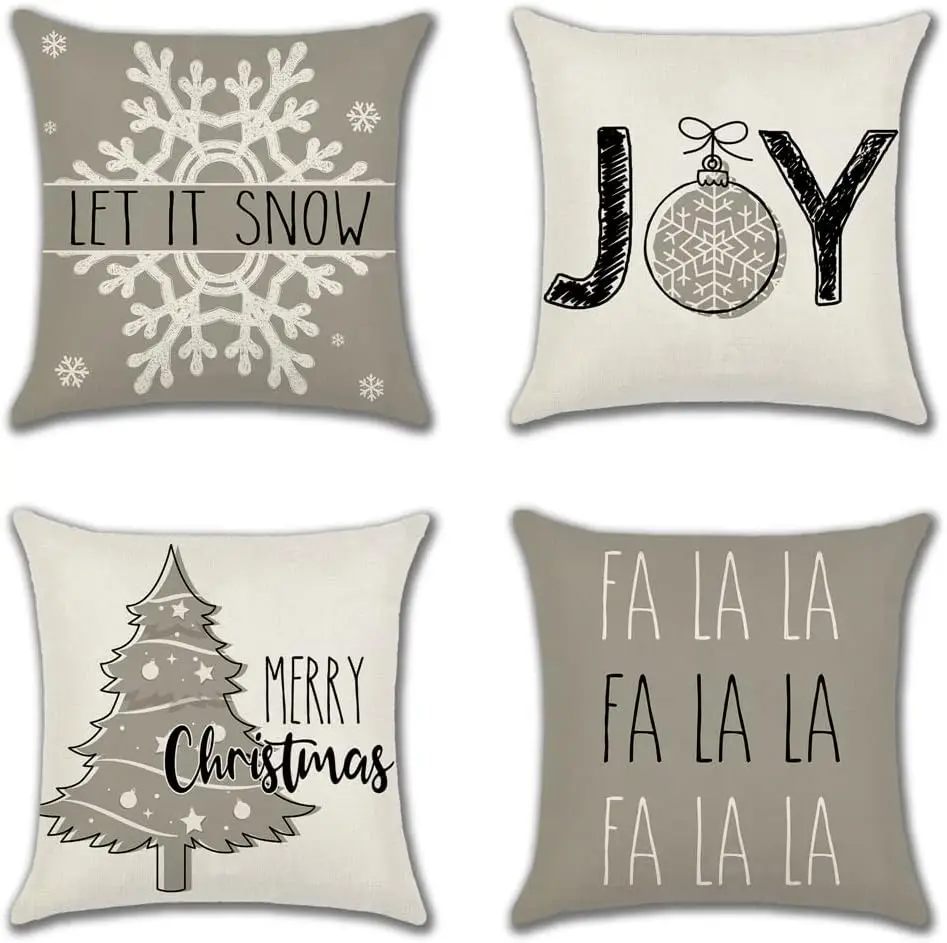 Gray Christmas Pillow Covers Joy Let It Snow FA La La Cushion Case Winter Farmhouse Pillowcase for Home Couch Sofa Decor