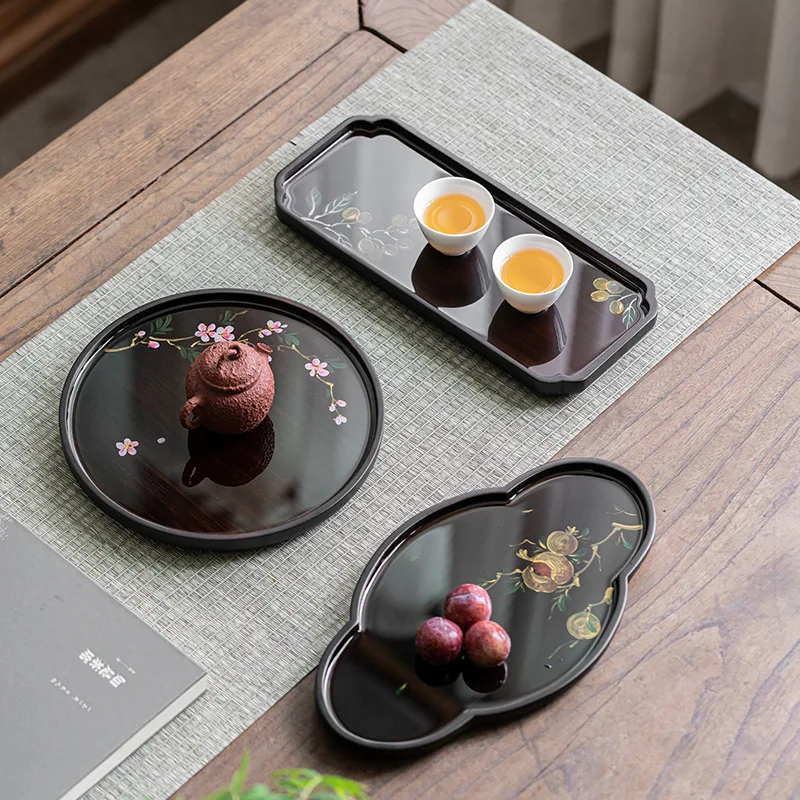 New Chinese Style Hand-painted Floral Lacquer Tea Tray, Retro Black Wood Finish Gongfu Tea Serving Tray, Zen Tea Table Decor