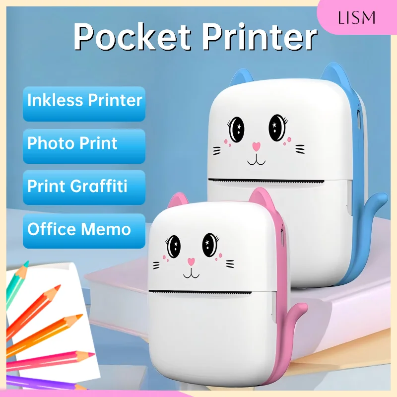 

LISM HD Mini Printer Portable Pocket Printer Wireless 1000mAh Photo Sticker Inkless Printing Bluetooth 203dpi Thermal Printer