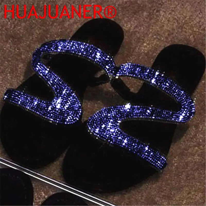2025 Summer Home Slippers Rhinestone Beach Slippers Women Rivet Sandals Outdoor Wild Soft Surface Flat Bottom Non-slip Flip Flop