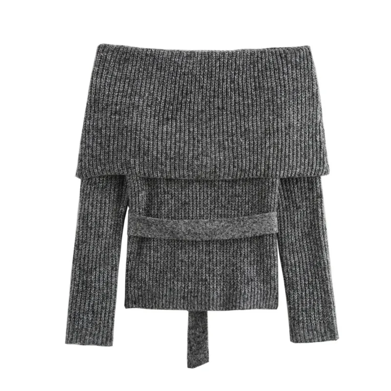 TRAF Women Belt Short Pullovers Clothing Autumn Strapless  Knitted Elastic Sweater Rib Collar Pullovers Female Pullovers