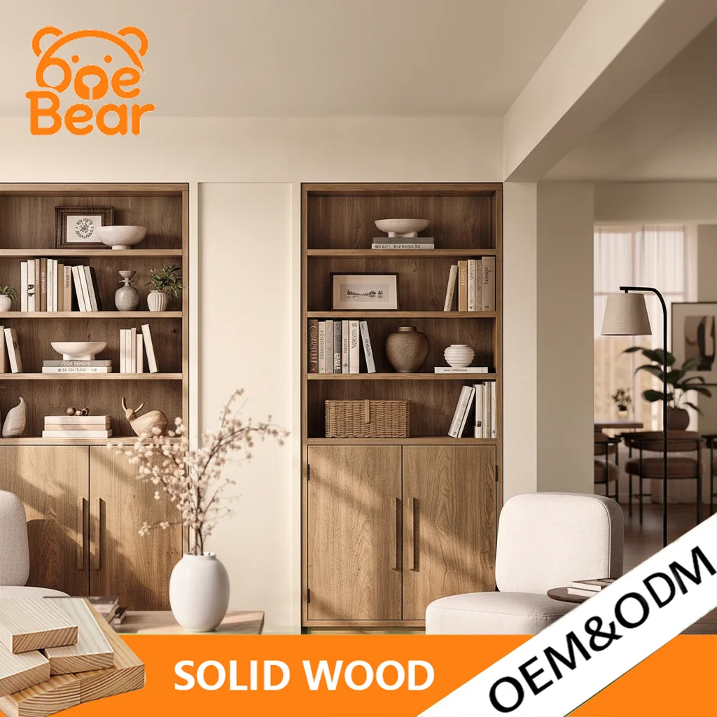Walnut Tall Wooden Bookshelf Open Upper Shelves with Bottom Double Door Cabinet Display Storage Rack for Living Room Home Office