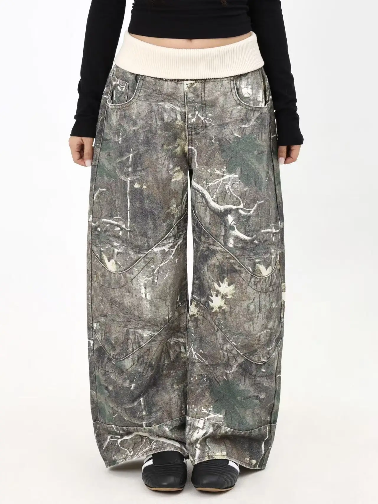 

MIMIETTE Camouflage Straight Leg Jeans Loose Slimming Pants Cuffed Splicing Waist Natural Waist Denim Midweight Four Seasons ...