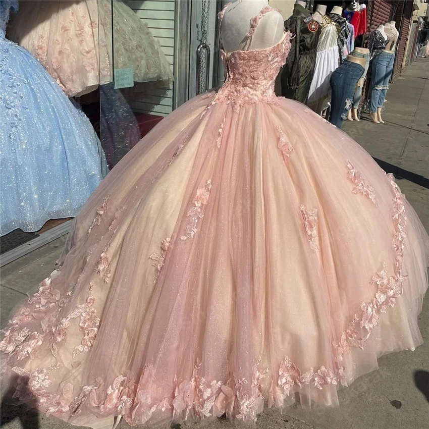 ANGELSBRIDEP Pink Strap Quinceanera Dresses Formal Ball Gown Tulle Sweet 16 Dress Quinceañera Anos Birthday Prom Party Gowns