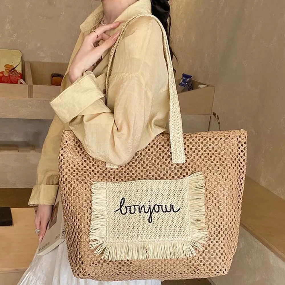 

Sweet Straw Woven Tote Bag Large Capacity Lightweight Commuting Shoulder Bag Polyester Contrast Color Seaside Vacation Handbag