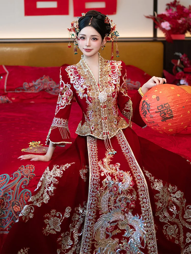 

Velvet New Bride Suit Chinese Sle Wedding Dr Dragon And Phoenix Coat Heavy Embroidery Marriage Ceremony Dr