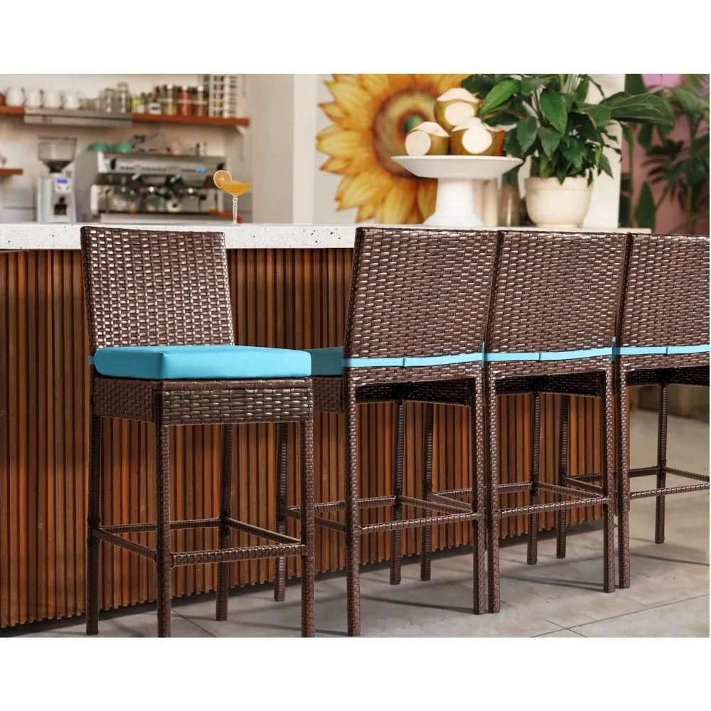 مجموعة مقاعد بار خارجية من ويكر مكونة من 4 كراسي عالية الارتفاع مع ظهر للفناء بدون ذراع للاستخدام الخارجي #3